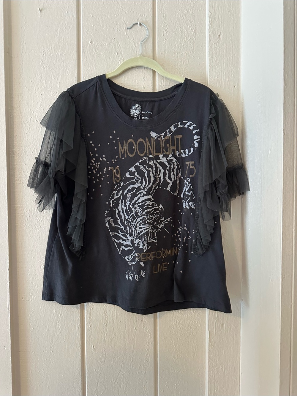 EXCELLENT PILCRO ANTHROPOLOGIE BLK T SHIRT TOP PRINT TULLE! WOW L